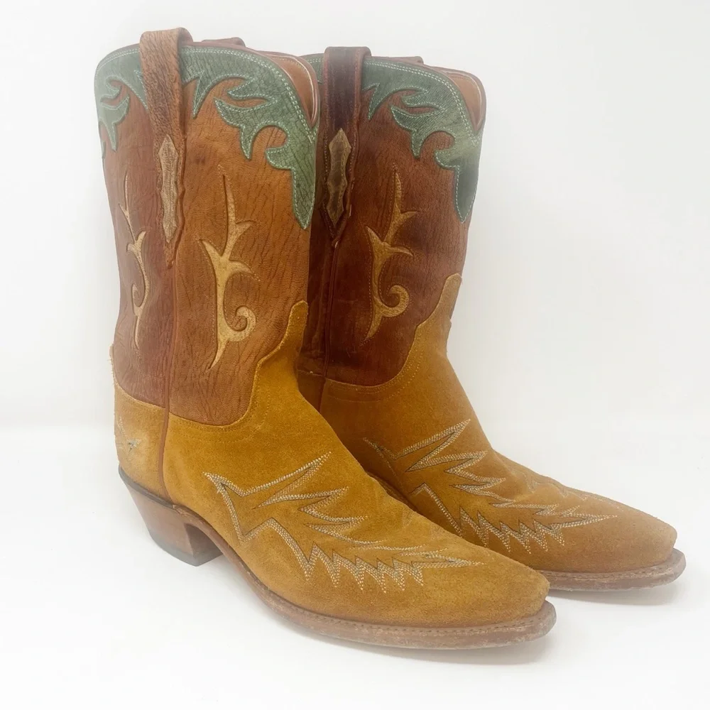 Lucchese Boots Green Suede Snip Toe Western Cowgirl - Picture 2 of 12
